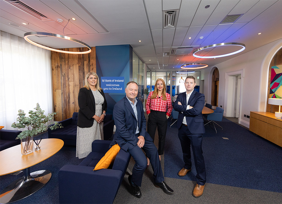 Catriona Maye, Branch Manager, Bank of Ireland, St Stephens Green; Aaron O’Brien, Managing Director UK & Ireland, Bluecrux; Indre Riaukaite, Vice President, FDI Team, Bank of Ireland; and Kevin Elliott, Head of Global FDI, Bank of Ireland;marking Bank of Ireland’s relaunch of its Foreign Direct Investment (FDI)  hub in Stephen’s Green, following refurbishment during the pandemic. Pic: Naoise Culhane