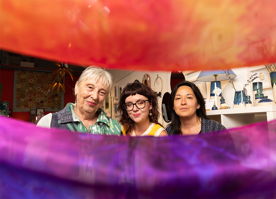 Mairead McCorley, Operations Manager Cork Craft and Design, Ava Hayes, Cork Craft Month Director and Riki Matsuda, Cork Craft Month Coordinator behind Veronica O’Driscoll scarves at the launch of Cork Craft Month in the Cork Craft and Design store in the Douglas Wooden Mills. Pic: Darragh Kane