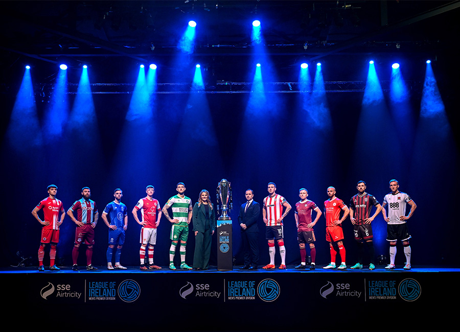 Ashley Morrow, head of brand, advertising and sponsorship at SSE Airtricity; and League of Ireland director Mark Scanlon with SSE Airtricity Men's Premier Division players, from left, Niall Morahan of Sligo Rovers, Gary Deegan of Drogheda United, Ryan Burke of Waterford, Chris Forrester of St Patrick's Athletic, Lee Grace of Shamrock Rovers, Patrick McEleney of Derry City, Conor McCormack of Galway United, Mark Coyle of Shelbourne, Jordan Flores of Bohemians and John Mountney of Dundalk at the launch of the SSE Airtricity League of Ireland 2024 season held at Vicar Street in Dublin. Pic: Stephen McCarthy/Sportsfile