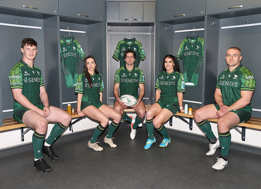 Connacht Rugby players Darragh Murray, Santiago Cordero and Jordan Duggan at the announcement of a three-year skincare partnership between Connacht Rugby and Clarins. Pic: Brian McEvoy